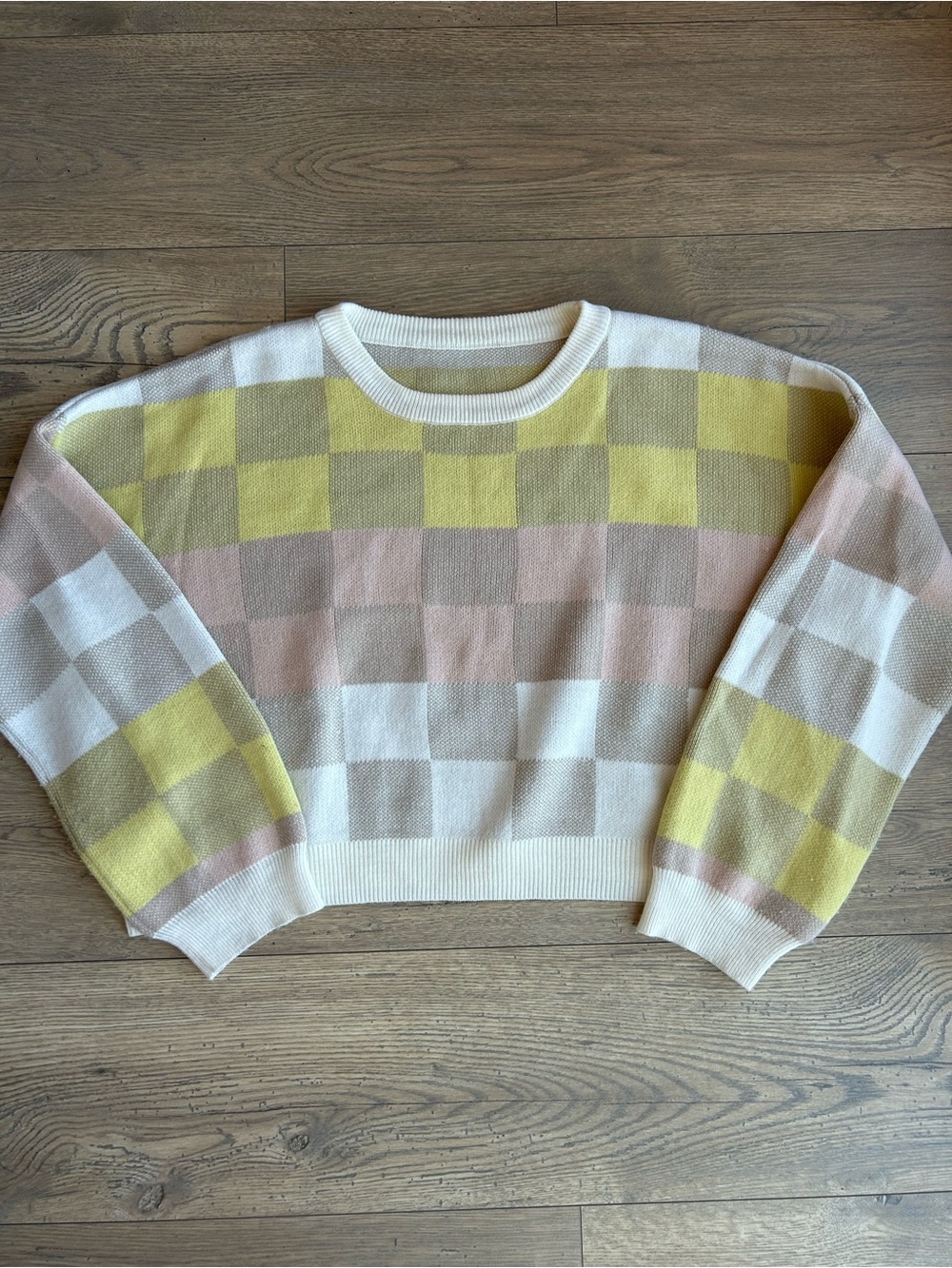Checkerboard Crewneck Sweater - White, Yellow & Pink